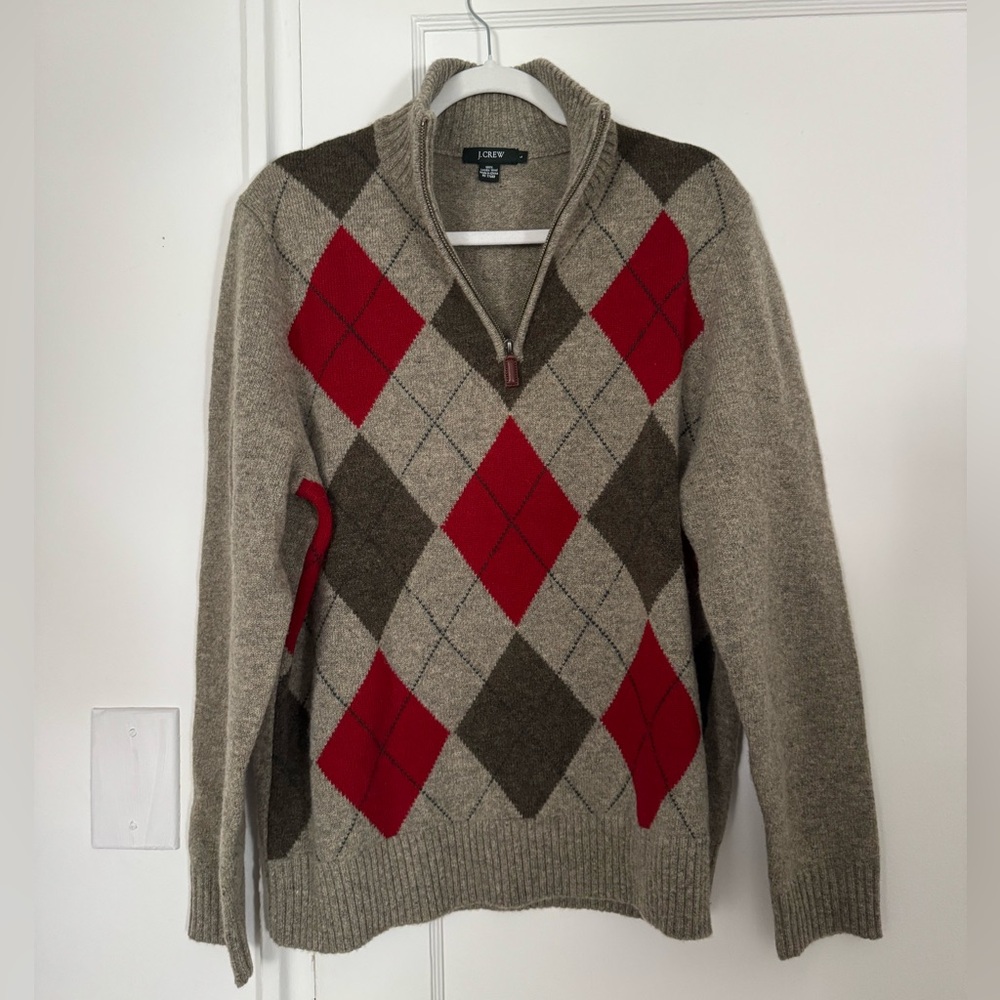 J. Crew Men's Zip Up Sweater - Red, Brown, and Gray Argyle
